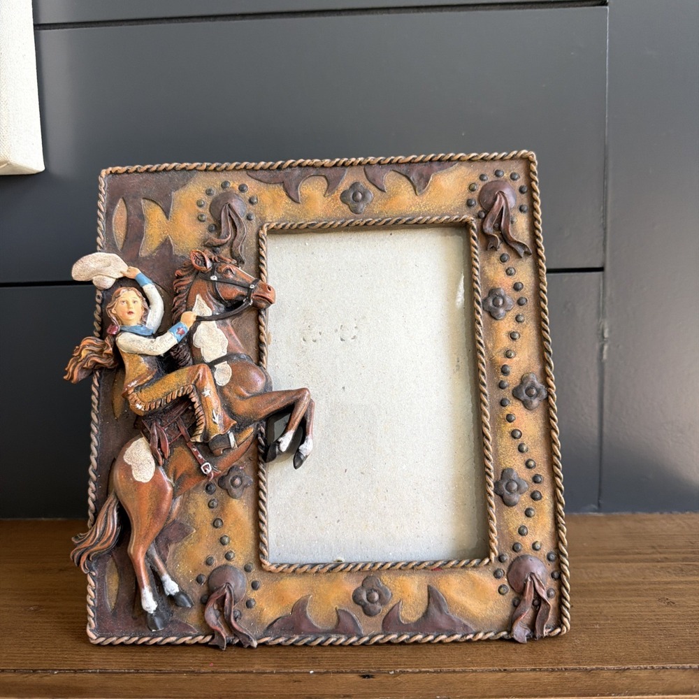 Western-style picture frame W/ raised Cowgirl Riding Horse 8x8 (4x6 Pic) VTG